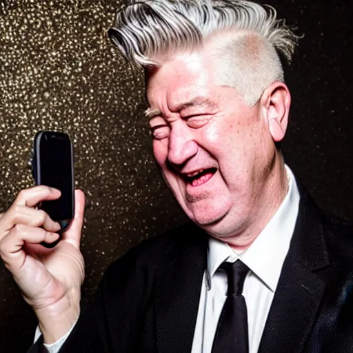 Prompt: David Lynch holding a phone laughing