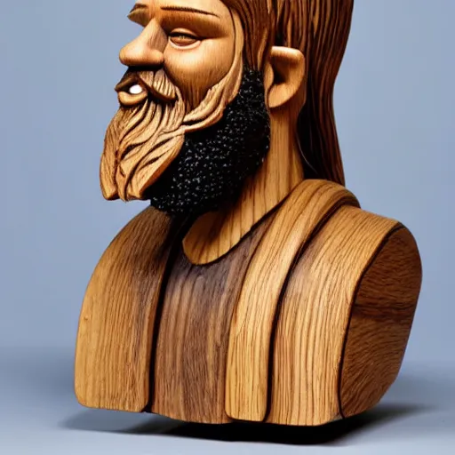 Image similar to wooden sculpture of a bearded viking wearing a vr headset, polished maple, thoughtful, elegant, real