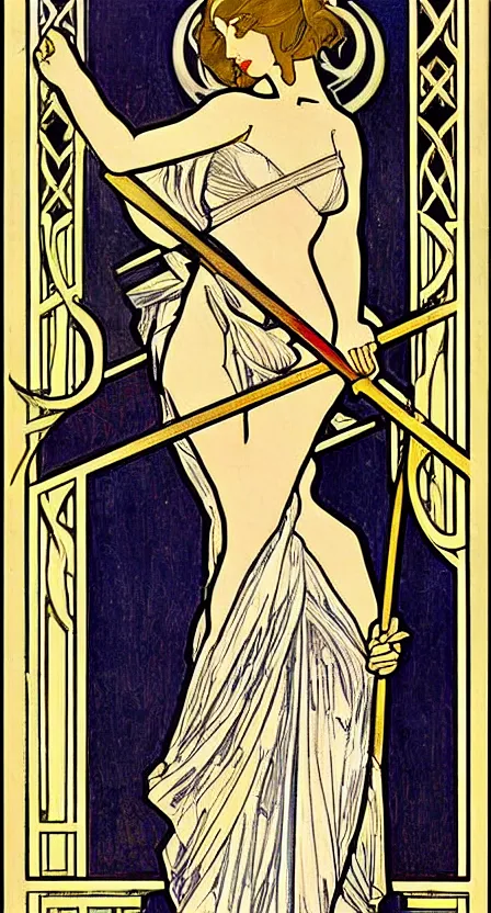 Prompt: a tarot card of death with a scythe, illustrated in an art deco style by tamara de lempika and an elegant border by alphonse mucha.