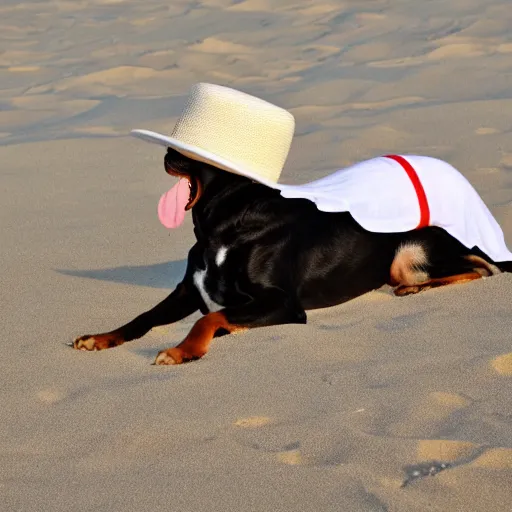 Prompt: Dog with white hat on his head, on the beach having a picknick