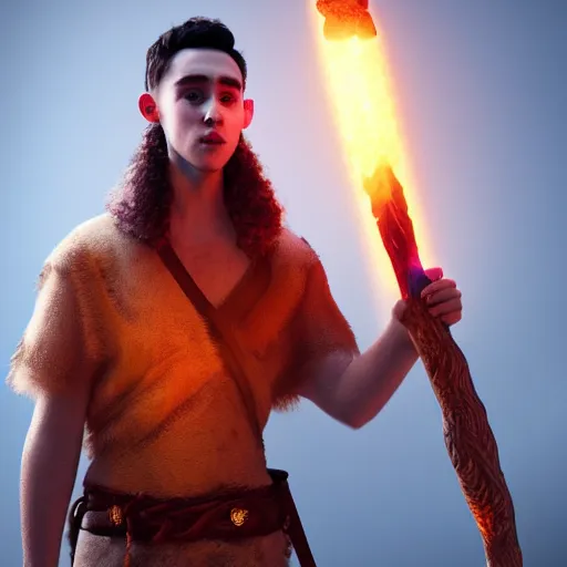 Prompt: Olly Alexander wearing a barbarian tunic holding a glowing fire magical staff. Trending on Artstation, octane render, ultra detailed, art by Ross tran