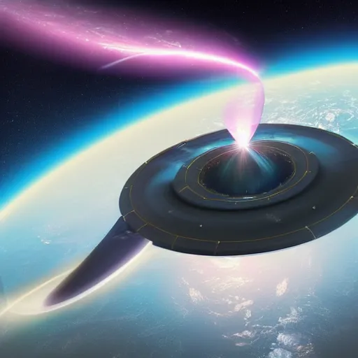 Prompt: spaceship flying into a wormhole to bring themselves into another world, realistic, very detailed, photo realistic, 8k resolution