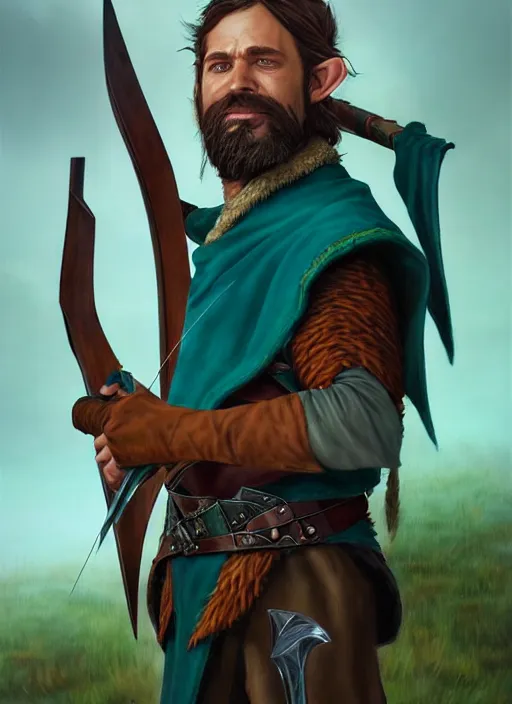 Image similar to A striking epic realism comic book style portait painting of an arrogant half-elf ranger, teal tunic, teal headband, shaggy brown hair, scruffy beard, holding crossbow, D&D Concept Art, unreal 5, DAZ, hyperrealistic, octane render, cosplay, RPG portrait, dynamic lighting