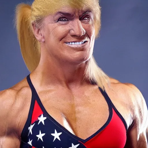 Image similar to a woman who is a genetic combination of hulk hogan and donald trump face and upper - body focus