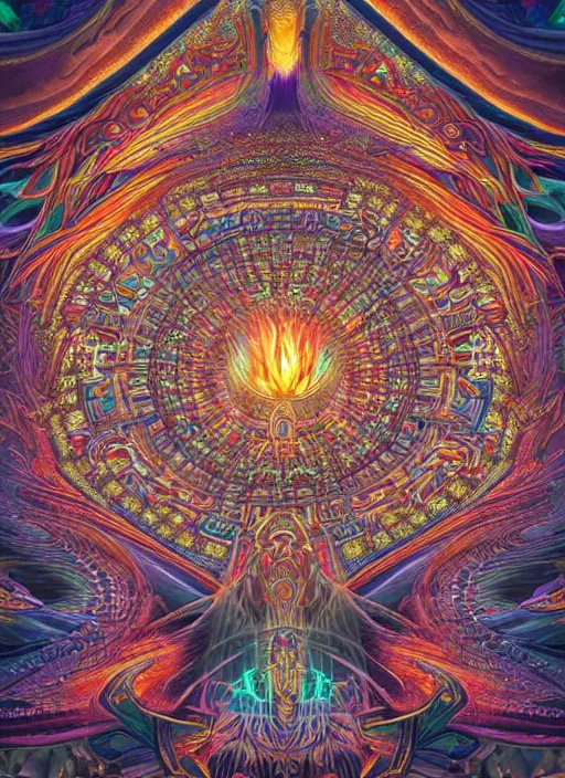 Prompt: a intricate ornate psychedelic image of a tipi with a fire glowing inside, digital art by artgerm, alex grey, dan mumford, felix kelly, psychedelic art, psychedelic, fractalism, fractals, sacred geometry, trending on artstation, hyper - realism, highly detailed, cgsociety, octane render, raytracing, 3 d