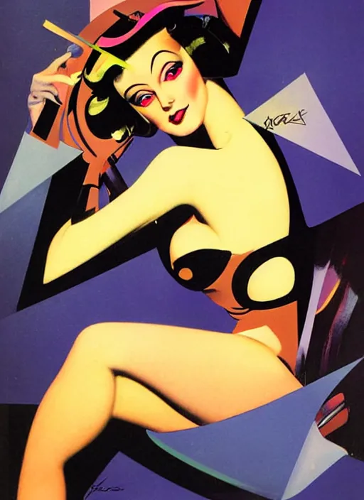 Image similar to laser girl pinup, by rolf armstrong, cubist synthwave