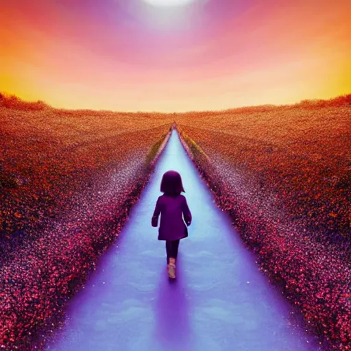 Image similar to a _ child _ walking _ down _ a _ liminal _ styled _ space _ stunning _ sunset _ in _ a _ heavenly _ crystallized _ garden _ of _ eden _ notan _ 3 d _ architecture _ single _ point _ perspective _ f 2 2 _ untra _ long _ shot _ wide _ angle _ lens _ trending _ on _ artstation