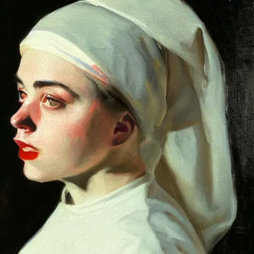 Prompt: Billie Eilish as a nun, painted by John Singer Sargent, detailed brushstrokes