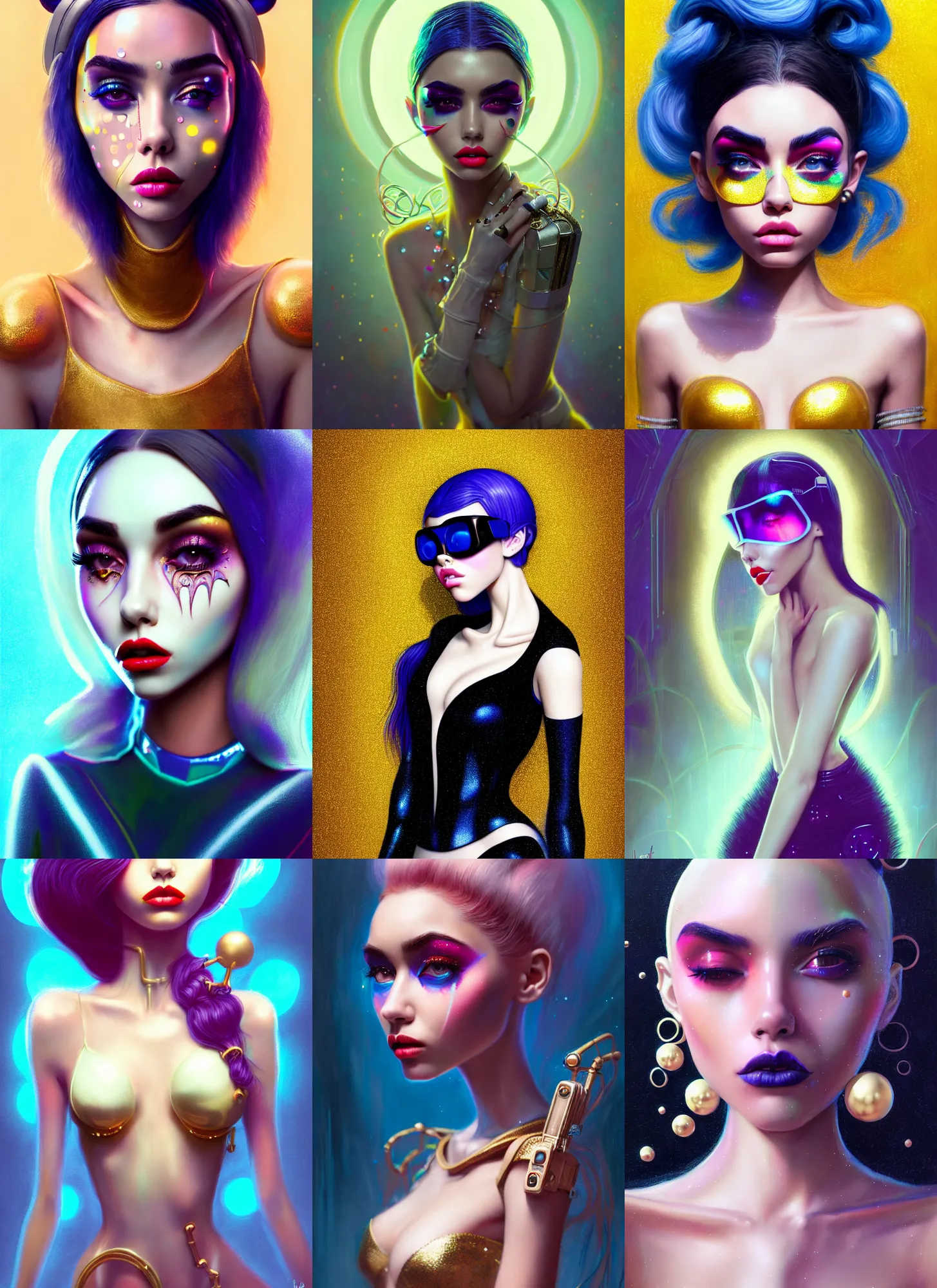 Prompt: disney 8 k photo, lush shiny ivory clowncore madison beer, fashion art, ( golden ratio ), met gala, pout, hologram, sci fi, fantasy, cyberpunk, intricate, decadent, highly detailed, digital painting, octane render, artstation, concept art, smooth, sharp focus, illustration, art by loish, wlop