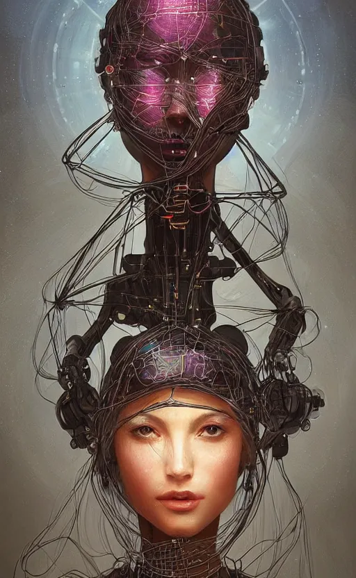 Image similar to portrait of a humanoid robot wearing a veil, mystic, mystical, robot body, wires, robotic, intricate, headshot, highly detailed, digital painting, artstation, concept art, sharp focus, cinematic lighting, digital painting, art by artgerm and greg rutkowski, alphonse mucha, cgsociety