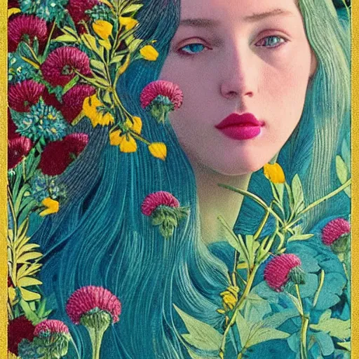 Image similar to a lot of flowers morphing in a beautiful girls face, film still by wes anderson, depicted by botticelli, limited color palette, very intricate, art nouveau, highly detailed, lights by hopper, soft pastel colors, minimalist