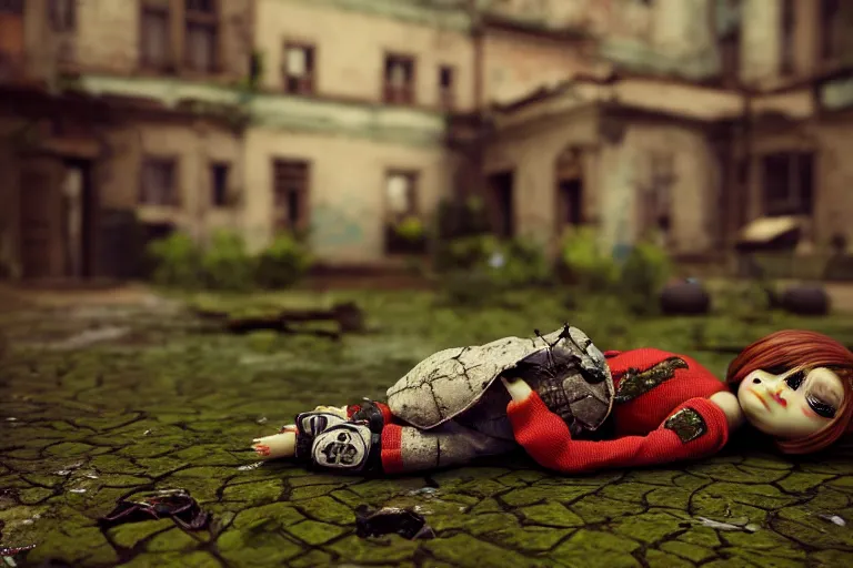 Image similar to Broken ugly toy doll lying on old courtyard with mud and an old playground between two soviet five-storey overgrown with ivy panel houses, high details, cinematic, 8k resolution, beautiful detailed, insanely intricate details, artstation trending, rule of third, octane render, unreal engine