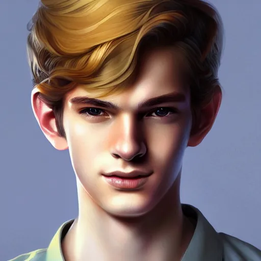 Prompt: colorful Captivating teenage boy with brown blond hair and facial structure like andrew garfield, brown eyes with red eye markers, slim body, wearing a detailed Japanese kimono with golden details, atmospheric lighting, painted, intricate, 4k, highly detailed by Charlie Bowater