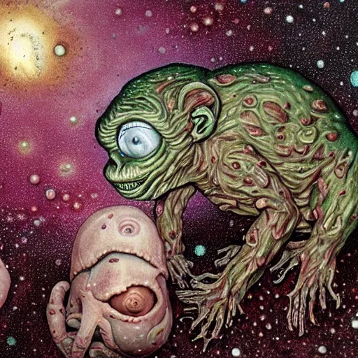 Image similar to measles on a deformed hideous pustule covered monkey, sores, bumps, skin wounds, surface hives, growths, horror, fantasy, highly detailed, by Dan Hillier, ooze, slime, in background nebula of bacteriophages