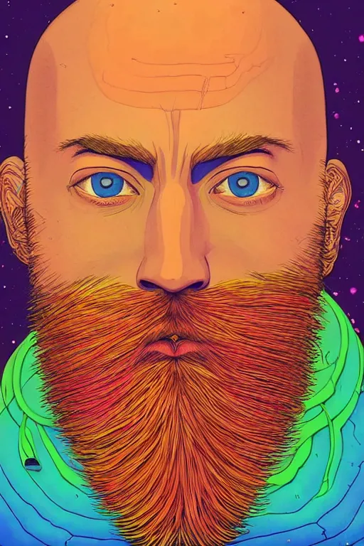 Image similar to a colorful psychedelic closeup portrait of a young bald man with a very long wild beard dreaming psychedelic hallucinations in the vast icy landscape of antarctica, by kawase hasui, moebius and edward hopper, colorful flat surreal design, hd, 8 k, artstation