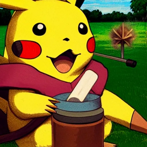 Prompt: pikachu is sitting in a park and smoking weed. he is high, his eyes are red. The mood is friendly and welcoming. highly detailed, digital painting, artstation, concept art, sharp focus, illustration, art by Sandro Botticelli and Michelangelo and leonardo da vinci