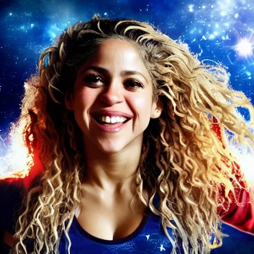 Image similar to of a closeup photo of shakira as a hero sci fi space cosmonaut in a nice action pose, there is an explosion on the background, lighting her with a rim light, she is laughing, f 2. 8, advertising studio lighting,