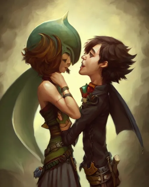 Image similar to cute little anthropomorphic akechi and makoto kissing, cute and adorable, pretty, beautiful, dnd character art portrait, matte fantasy painting, deviantart artstation, by jason felix by steve argyle by tyler jacobson by peter mohrbacher