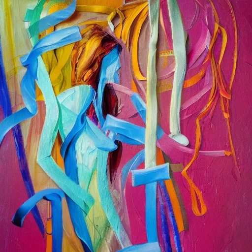 Prompt: ethereal and expressive abstract oil painting of a person surrounded by ribbons with random letters on them