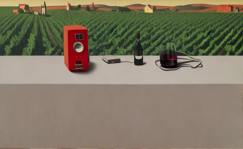 Image similar to an achingly beautiful still life featuring tillamook cheese, and red wine and an old computer by Raphael, Hopper, and Rene Magritte. detailed, romantic, enchanting, trending on artstation.