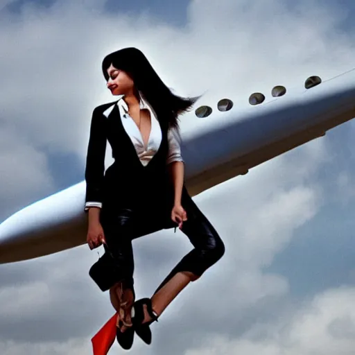 Image similar to a beautiful dark - haired girl riding a concorde