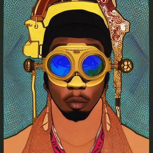 Image similar to colourful vfx upper half - portrait - art of a nigerian boywearing steam punk goggles, art by utagawa kunisada, james jean & alphonse mucha, symmetrical, intricate detail, concept art, volumetric light, ray tracing, caricature, digital illustration, octane 3 d render, unreal engine, sharp, pinterest, behance, art station,