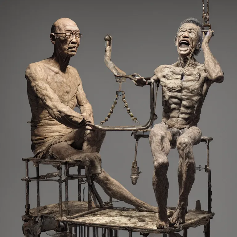 Image similar to hyperrealistic sculpture of a fossilized bronze chinese prisoner on an operating table in a cage on a pedestal, surrounded by surgeons, by ron mueck and duane hanson and lee bontecou and giacometti, hyperrealistic dramatic colored lighting trending on artstation 8 k