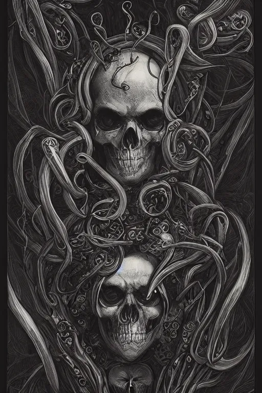 Image similar to malice, skulls, tendrils, dark atmosphere, greyscale, detailed linework, cinematic, psychedelic, black paper, ornate, symmetrical, tarot card, highly detailed, ink illustration, style of peter mohrbacher, golden ratio, 8k