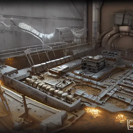 Prompt: 3 d sculpted model of scifi industrial pit with gold elements by moebius, mass effect, starship troopers, elysium, prometheus, the expanse, high tech industrial, artstation unreal, unity, maya, houdini, dramatic cinematic lighting