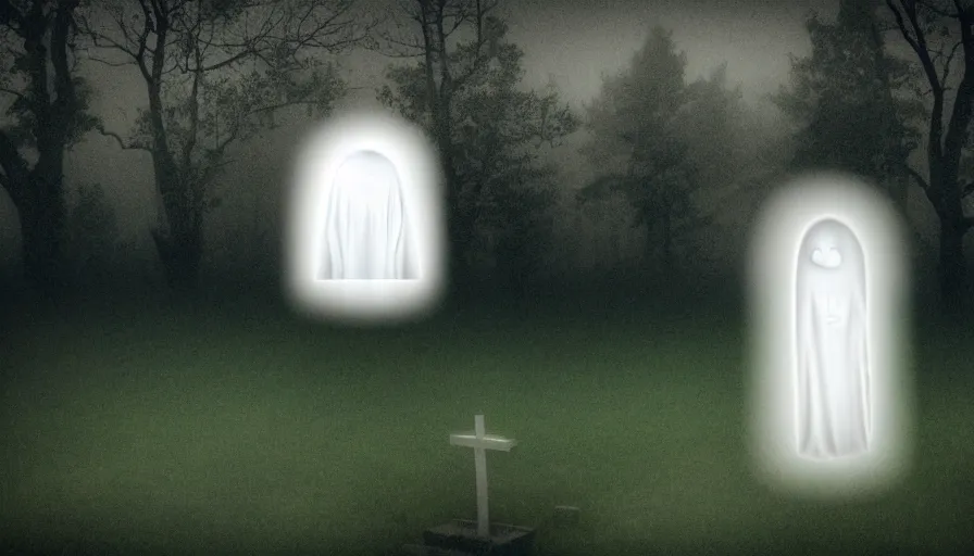 Image similar to a photograph of a translucent ghost floating above a cemetary by a beach, ethereal, foggy, scary ghost, muted colors, landscape