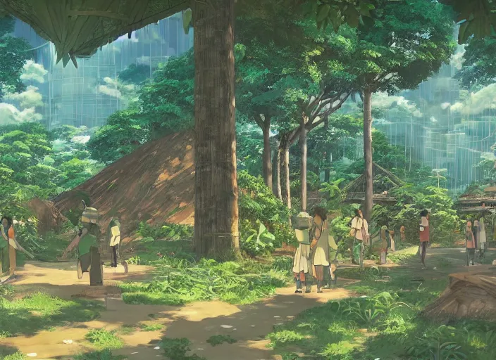 Image similar to A colony under construction in the jungle, peaceful and serene, solarpunk, wide perspective, soft lighting, anime film still, by Makoto Shinkai and studio ghibli, cell shading, high details