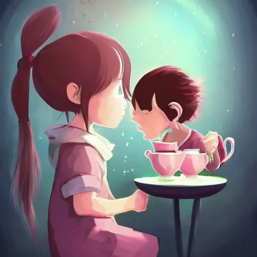 Prompt: little girl drinking tea with a friendly cryptid, digital art, cheerful, artstation, studio ghibli