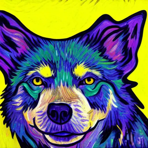 Prompt: retarded wolf portrait, van gogh style, vivid colors, yellow, purple