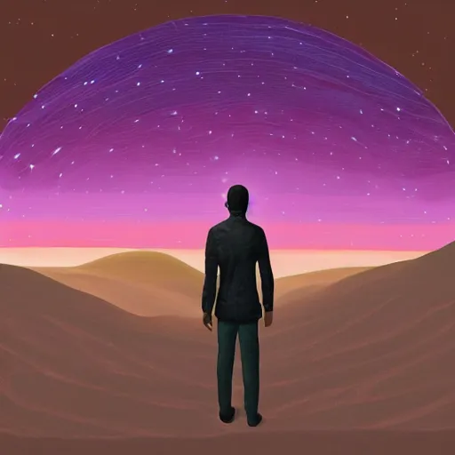 Image similar to a lonely man standing on a deserted planet, glow, acrylic art, painting, canvas, gloomy, digital art,