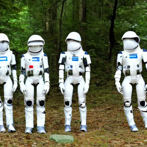 Prompt: a squad of space scouts wearing camo uniforms with white armor and helmets and a tall robot exploring a forest planet