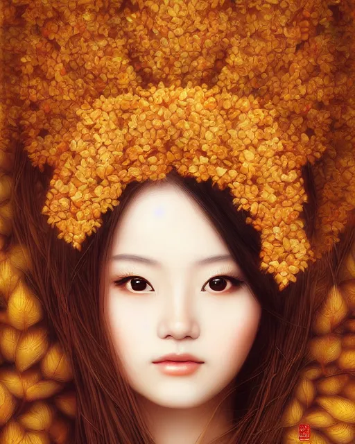 Image similar to goddess of autumn, with wheat ears on her head, chinese beauty, half - length head portrait, dreamy, beautiful, by wlop