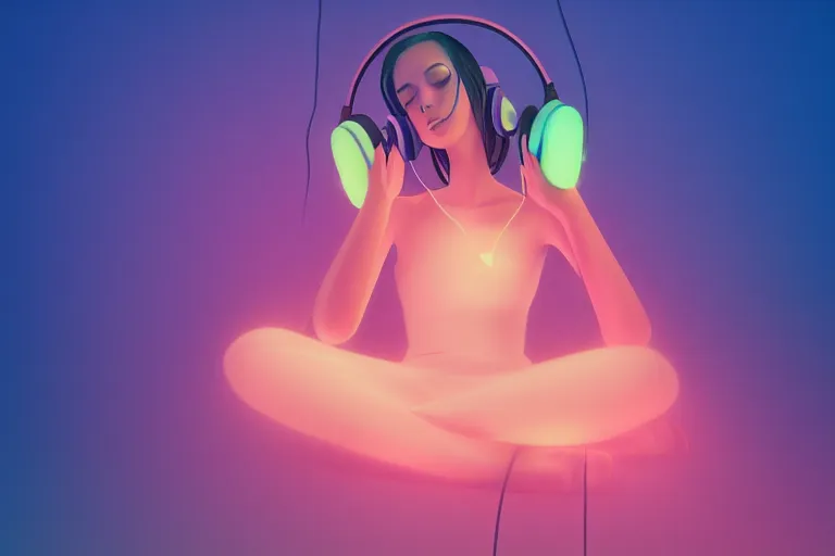 Image similar to a cute girl wearing headphones sitting on a cloud relaxing, misty, glows, digital art, hazy, foggy, ambient lighting, 8 k, neon, synthwave,