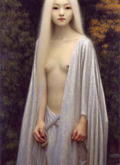 Prompt: thin young beautiful girl with silver hair, pale!, wearing robes, wearing hair, goddess, young cute wan asian face, silver robes!!, oil on canvas by jean delville, 4 k resolution, aesthetic!,