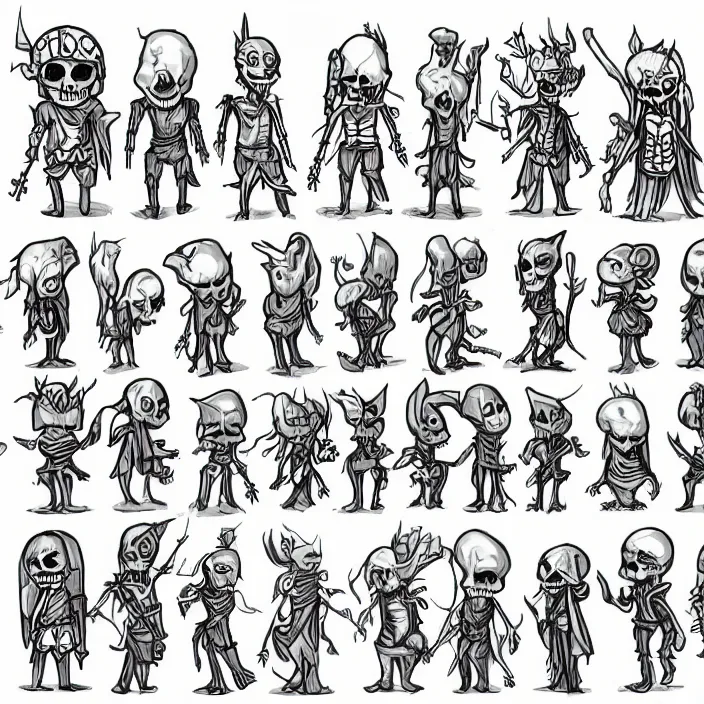 Prompt: spritesheet containing a chibi wizard and skeleton enemies of different magic types, colored lineart