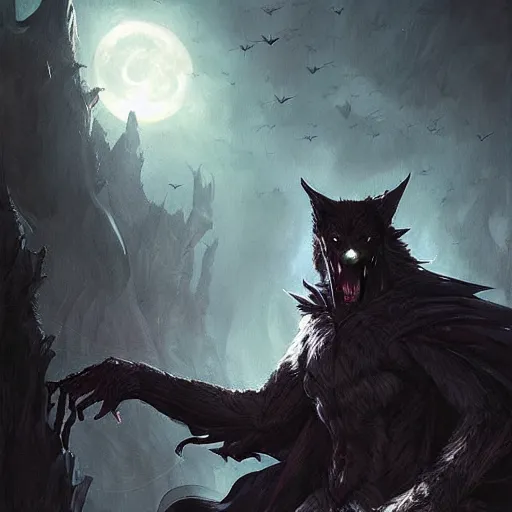 Image similar to werewolf vampire hybrid, dark cloak, bats flying in the background, fantasy game art by greg rutkowski, fantasy rpg, league of legends