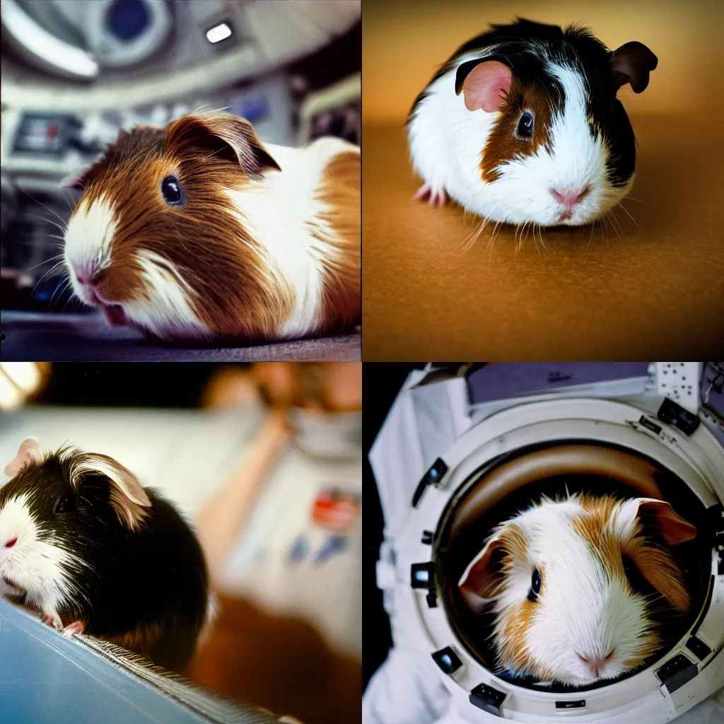 Prompt: a realistic photography of a guinea pig in the apollo 11,8k