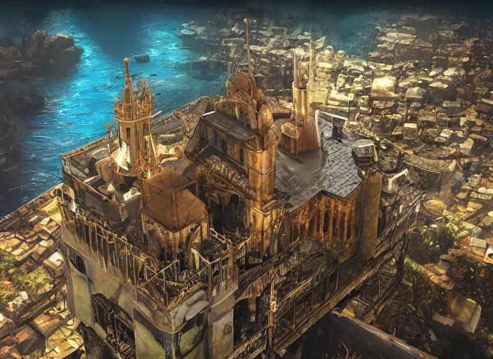 Prompt: cathedral favela, underwater environment, scenery, professional, award - winning, trending on artstation, hyper detailed, realistic, beautiful, emotional, shiny, golden, picture