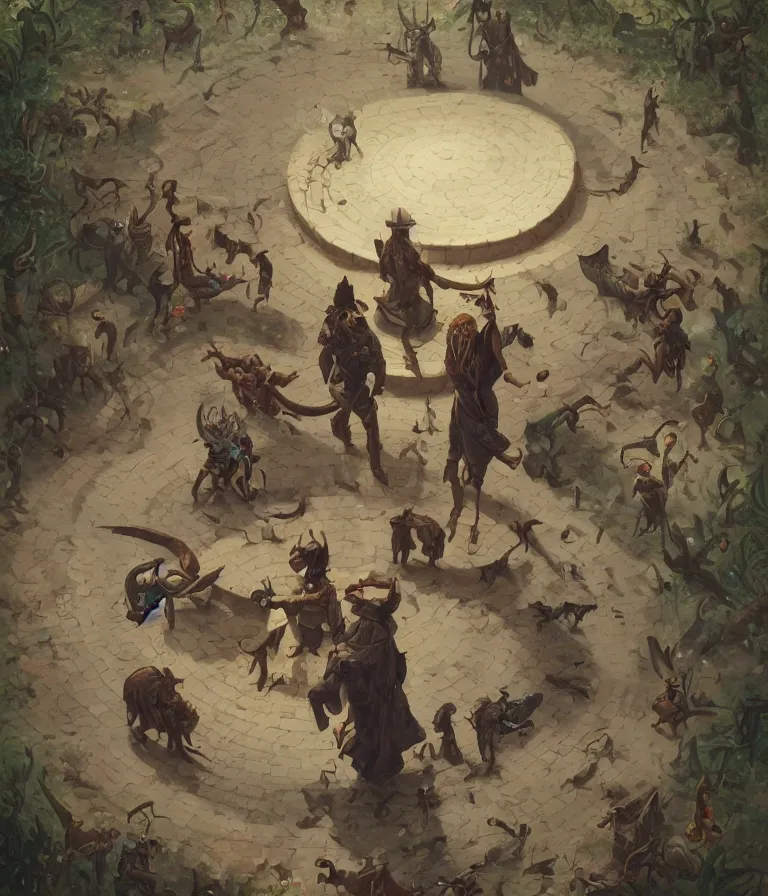 Image similar to a cowboy druid snake oil salesman standing in a circle at the bull run at the beginning of the world by peter mohrbacher and james jean