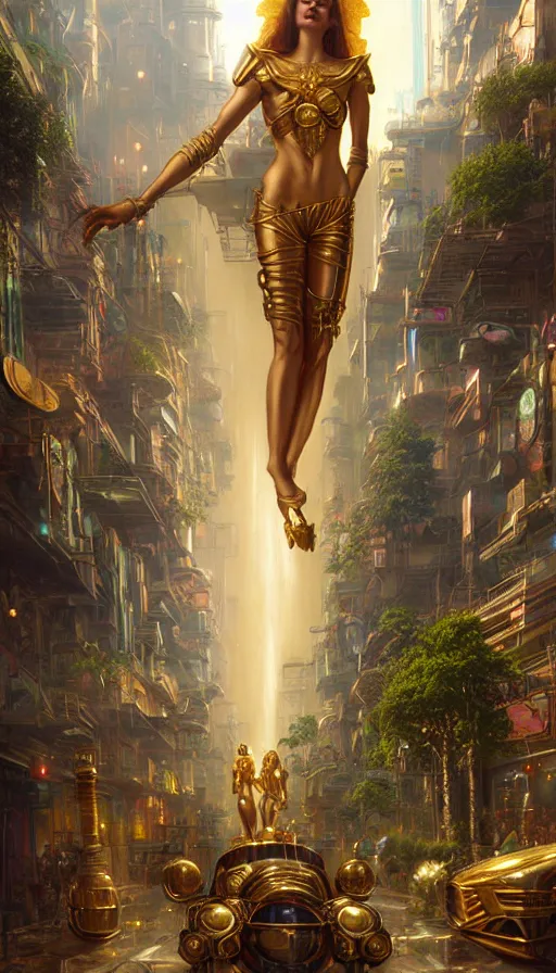 Image similar to golden goddess cutting a hyper realistic cyberpunk city in half with magic, crowded market street overtaken by lush plants, kittens, full moon, light rays, gnarly trees by tom bagshaw, mucha, gaston bussiere, craig mullins, j. c. leyendecker 8 k