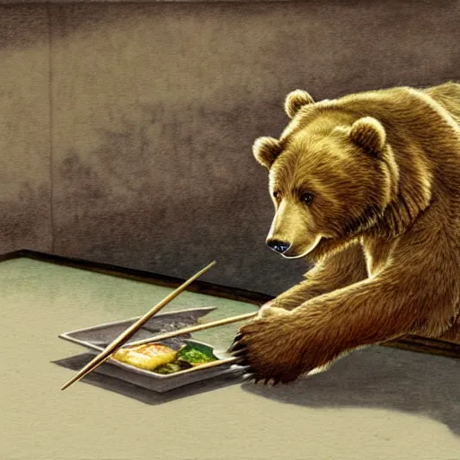 Image similar to bear eating sushi with chopsticks, a detailed matte painting by anton pieck, deviantart contest winner, fantasy art, concept art, official art, matte drawing