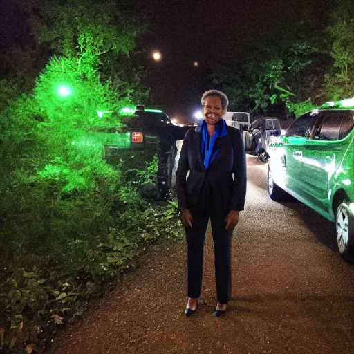 Prompt: chicago mayor lori lightfoot was spotted on woodland trail cam at midnight green night vision