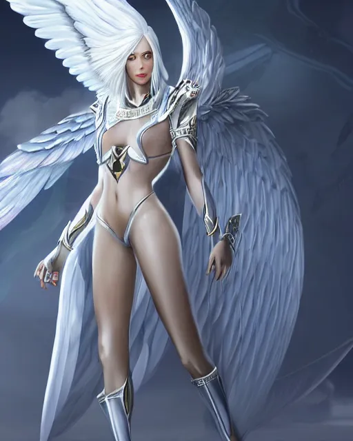 Image similar to perfect white haired attractive egyptian goddess with huge white dove wings, warframe armor, beautiful, symmetric, charlize theron, half asian, pretty face, blue eyes, detailed, scifi platform, laboratory, experiment, 4 k, ultra realistic, epic lighting, android body, illuminated, cinematic, masterpiece, art by akihito tsukushi, voidstar