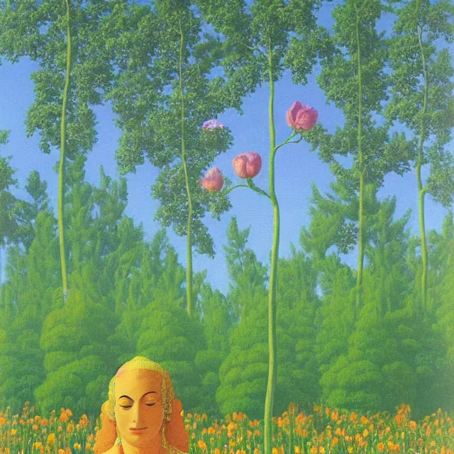 Image similar to hindu goddess in distance looking at you in beautiful meadow of flower, detailed painting by rene magritte