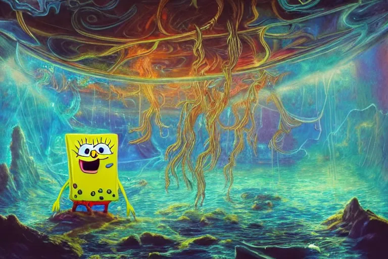 Image similar to psychedelic spongebob with trinket necklace, epic angle and pose, reflective pool, symmetrical artwork, ayahuasca, translucent, fungus, energy flows of water and fire, highly detailed, epic cinematic concept art, excellent composition, dystopian brutalist atmosphere, dynamic dramatic lighting, aesthetic, very inspirational, arthouse, Greg Rutkowski, Artgerm