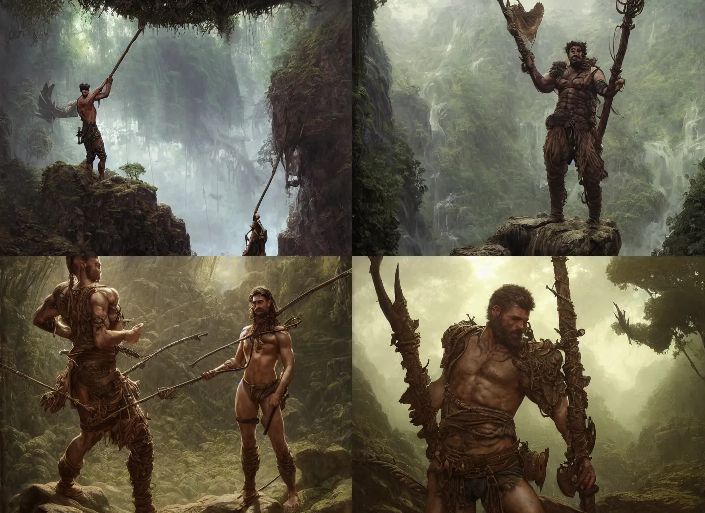 Prompt: ''Artstation concept of a rugged adventurer holding a staff, musculous, high body detail, leather armour, Rainforest background, hyperdetailed, cgsociety, by greg rutkowski, by Gustave Doré, by Marco Turini, by Artgerm, Deviantart in the style of Tom Bagshaw, Cedric Peyranavernay, Peter Mohrbacher''